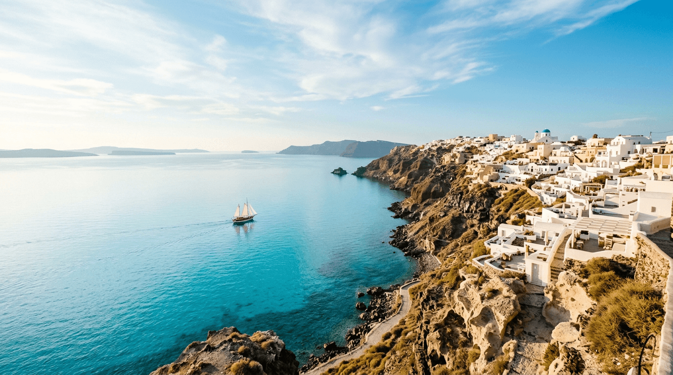 White clifftop village above a turquoise Mediterranean bay with a sailing boat on the water