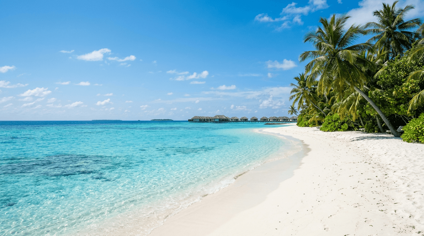 Palm-fringed white sand beach with clear turquoise water